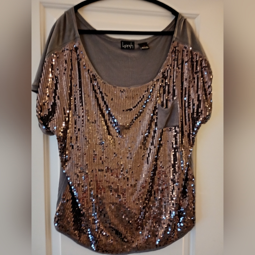 Kersh ~ Women's Sequin Silver & Gray Dressy Top (L)